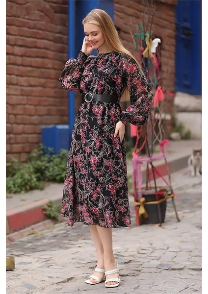 Dipmoda Kadın Kırmızı Kemerli Yakası Büzgülü Uzun Şifon Elbise RSSN27 modelleri