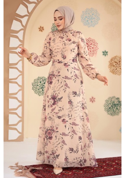Çiçek Desenli Bisküvi Tesettür Elbise 27960BS
