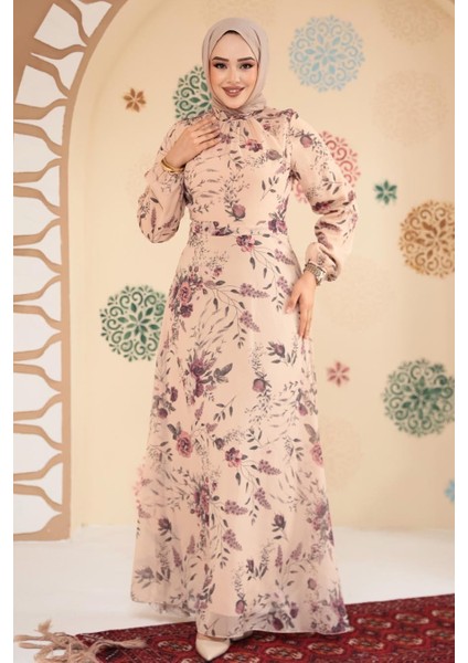 Çiçek Desenli Bisküvi Tesettür Elbise 27960BS fiyatları