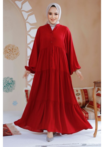 Kat Piliseli Bordo Tesettür Elbise 20612BR