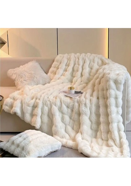Peluş Koltuk Şalı Pofuduk Koltuk Örtüsü Bubble Koltuk Örtüsü Beyaz 150 x 100 cm