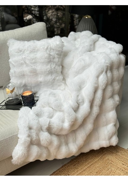Peluş Koltuk Şalı Pofuduk Koltuk Örtüsü Bubble Koltuk Örtüsü Beyaz 150 x 100 cm