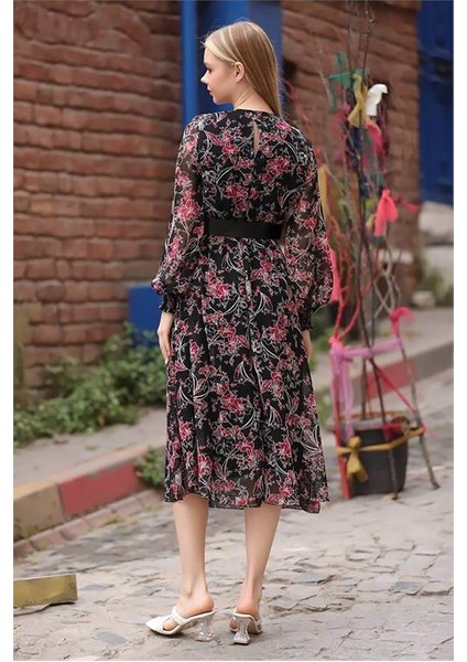 Dipmoda Kadın Kırmızı Kemerli Yakası Büzgülü Uzun Şifon Elbise RSSN27 fırsatları