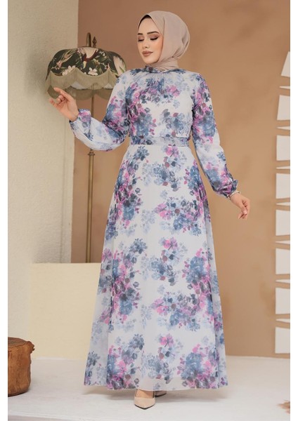 Çiçek Desenli Indigo Mavisi Tesettür Elbise 279920IM