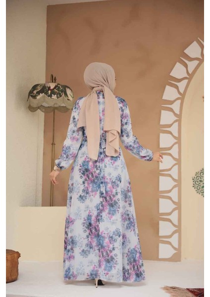 Çiçek Desenli Indigo Mavisi Tesettür Elbise 279920IM fırsatları