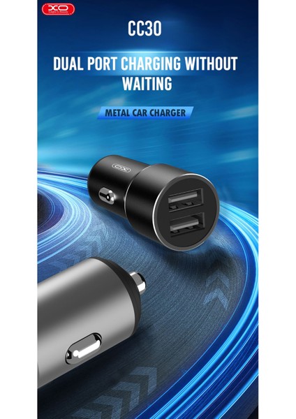 CC30 Araç Şarj Cihazı 12W–EVRENSEL2XUSB-A Girişli Şarj Adaptörü,aşırı Akım,voltaj ve Isınma Koruması