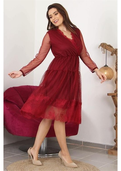 Dipmoda Kadın Kruvaze Yaka Eteği Güpür Detaylı Yeni Sezon Elbise APCX10 fiyatları
