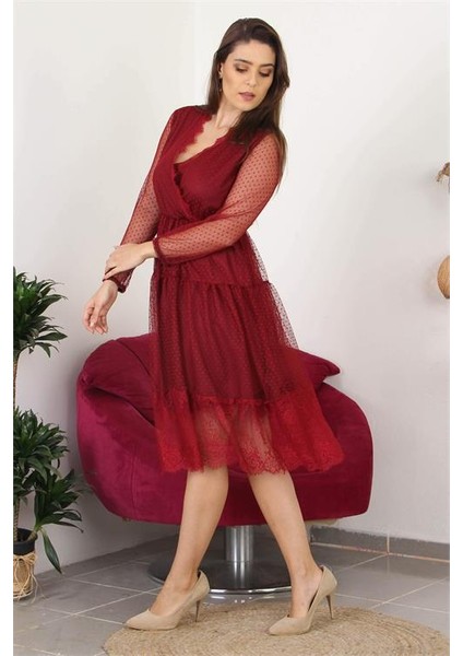Dipmoda Kadın Kruvaze Yaka Eteği Güpür Detaylı Yeni Sezon Elbise APCX10 fırsatları