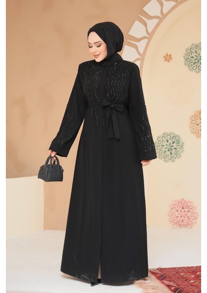 Boncuk Işlemeli Siyah Tesettür Abaya 29130S