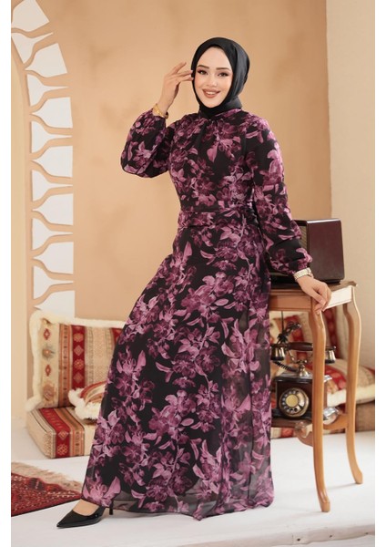 Çiçek Desenli Siyah Tesettür Elbise 27999S