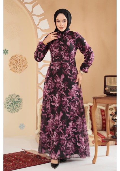 Çiçek Desenli Siyah Tesettür Elbise 27999S fiyatları