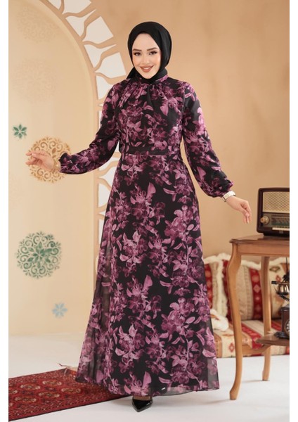 Çiçek Desenli Siyah Tesettür Elbise 27999S modelleri
