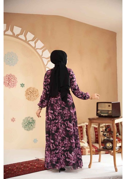 Çiçek Desenli Siyah Tesettür Elbise 27999S fırsatları