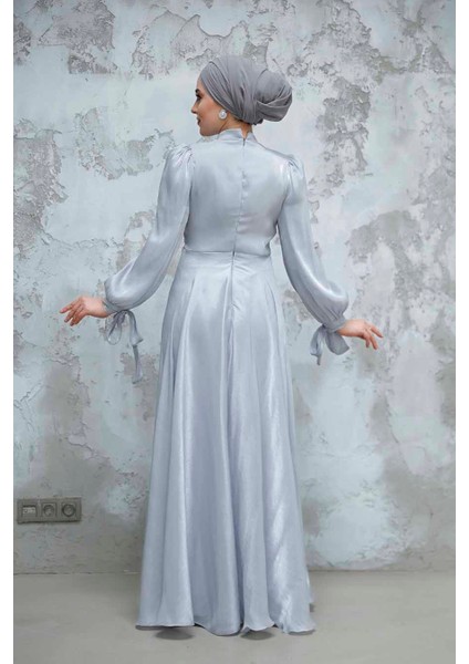 Drape Detaylı Gri Tesettür Abiye Elbise 4823GR modelleri