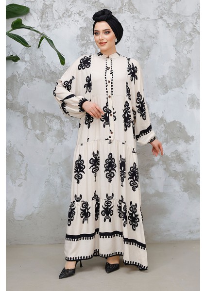 Çiçek Desenli Bej Tesettür Elbise 25491BEJ modelleri