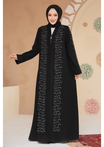 Boncuk Işlemeli Gümüş Tesettür Ferace 29127GMS