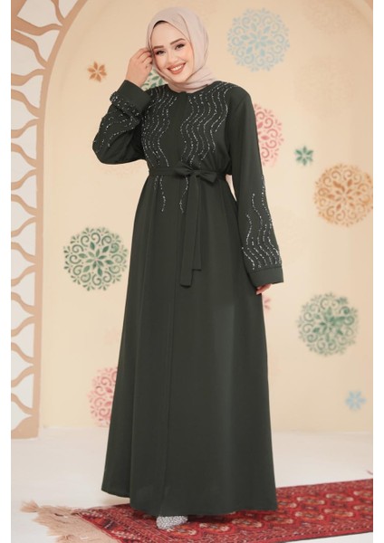 Boncuk Işlemeli Haki Tesettür Abaya 29130HK