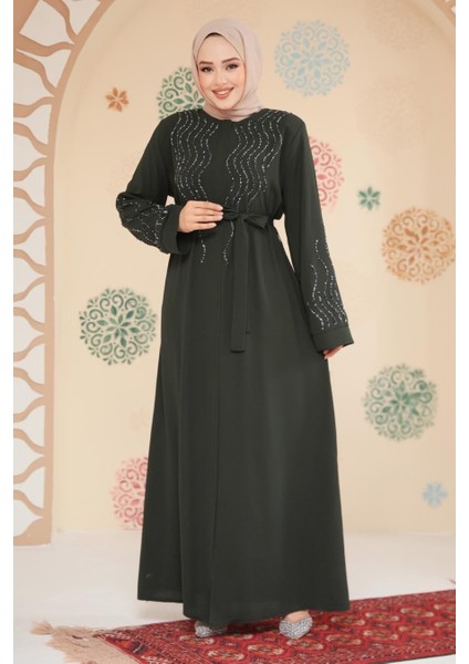 Boncuk Işlemeli Haki Tesettür Abaya 29130HK