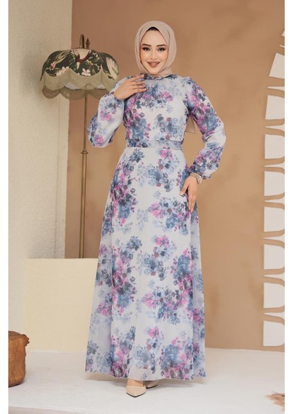 Çiçek Desenli Indigo Mavisi Tesettür Elbise 279920IM