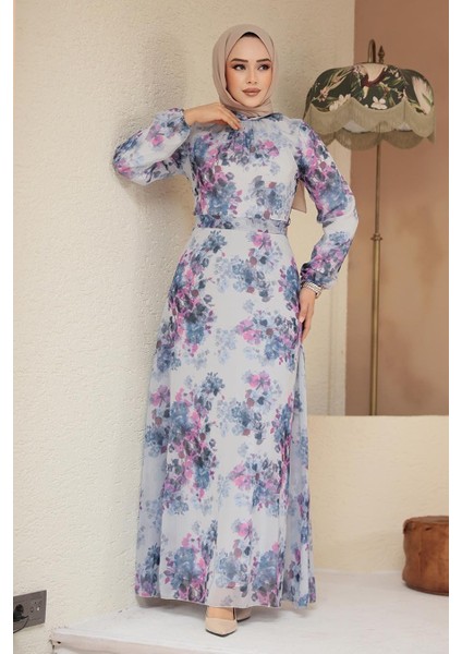 Çiçek Desenli Indigo Mavisi Tesettür Elbise 279920IM