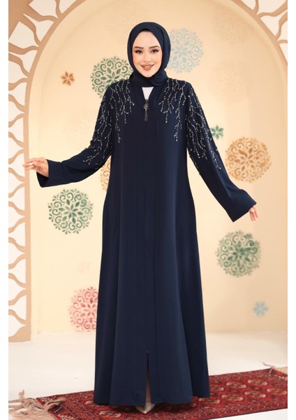 Boncuk Işlemeli Açık Lacivert Tesettür Abaya 29110AL