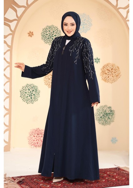 Boncuk Işlemeli Açık Lacivert Tesettür Abaya 29110AL fiyatları