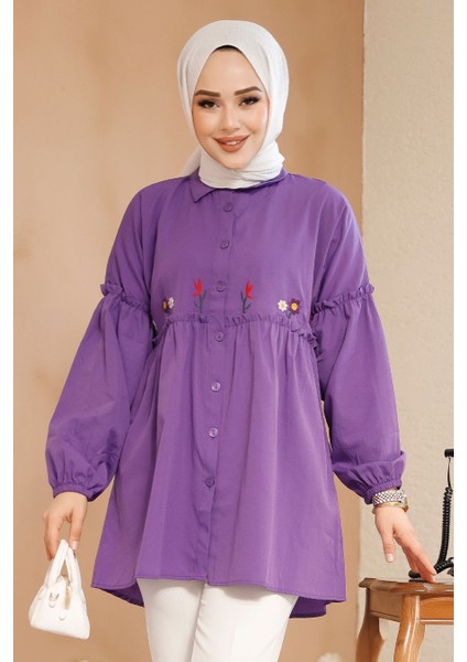 Nakış Desenli Mor Tesettür Tunik 40603MOR
