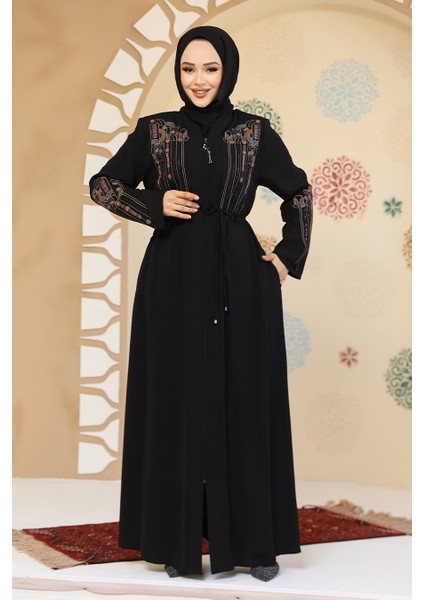 Desenli Siyah Tesettür Abaya 45302S