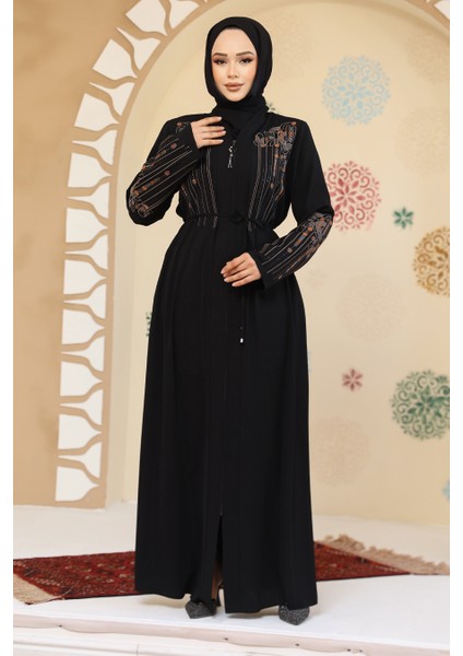 Desenli Siyah Tesettür Abaya 45302S