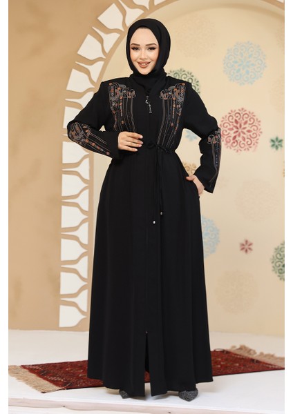 Desenli Siyah Tesettür Abaya 45302S