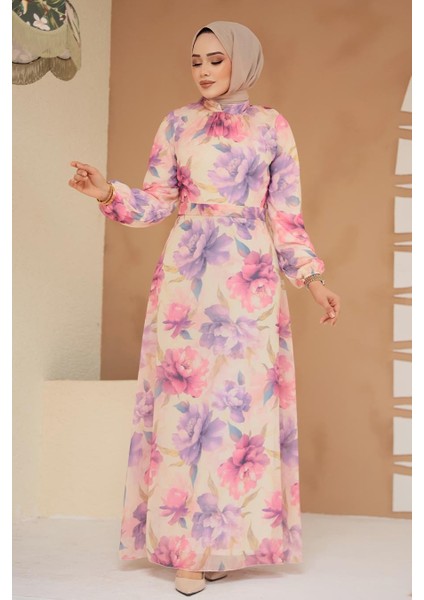 Çiçek Desenli Lila Tesettür Elbise 279918LILA