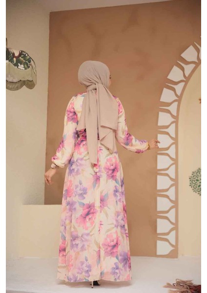 Çiçek Desenli Lila Tesettür Elbise 279918LILA
