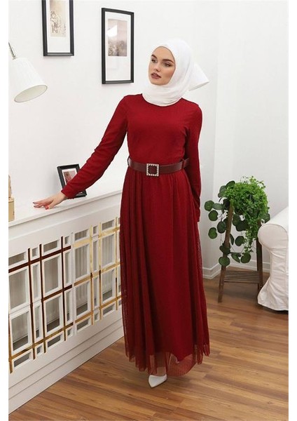 Dipmoda Kadın Tül Kemerli Tesettür Elbise RSSN45 - Bordo