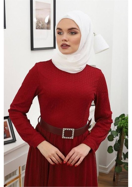 Dipmoda Kadın Tül Kemerli Tesettür Elbise RSSN45 - Bordo