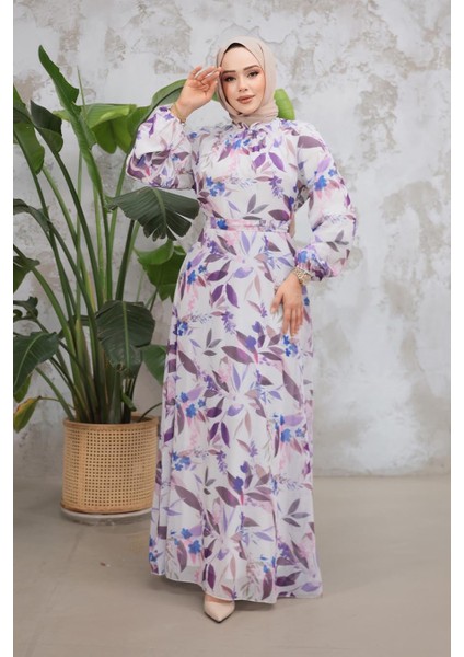 Çiçek Desenli Lila Tesettür Elbise 279913LILA