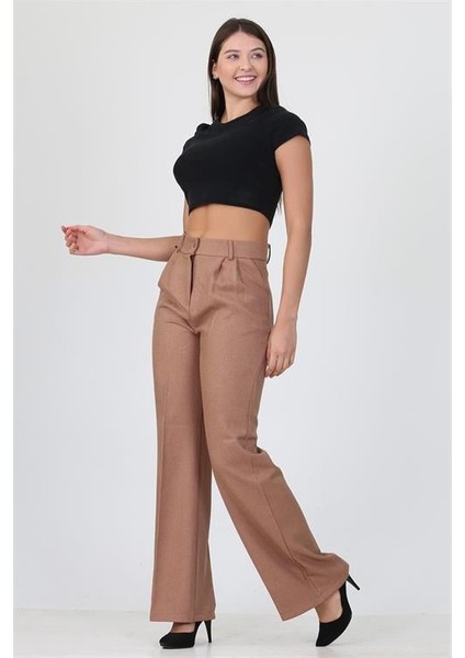 Dipmoda Kadın Camel Yüksek Bel Cepli Palazzo Kumaş Pantalon ELA001