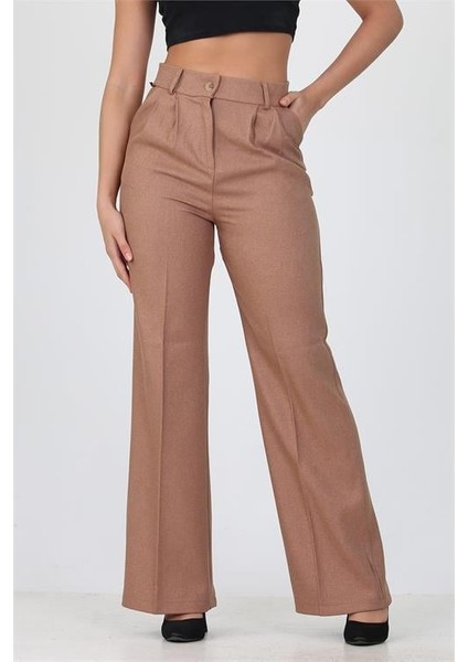 Dipmoda Kadın Camel Yüksek Bel Cepli Palazzo Kumaş Pantalon ELA001