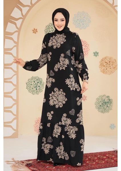 Desenli Siyah Tesettür Elbise 15732S