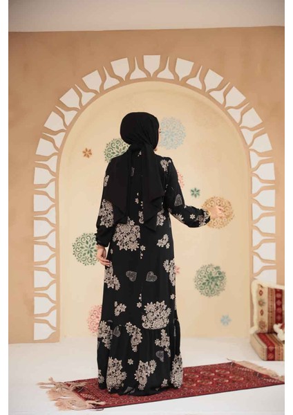 Desenli Siyah Tesettür Elbise 15732S modelleri