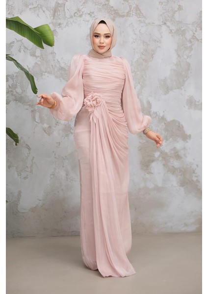Drape Detaylı Pudra Tesettür Abiye Elbise 51203PD