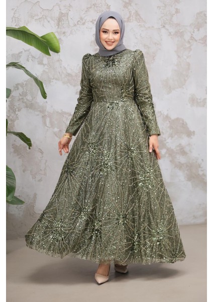 Boncuk Işlemeli Haki Tesettür Abiye Elbise 50461HK