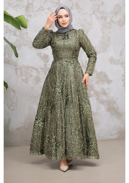 Boncuk Işlemeli Haki Tesettür Abiye Elbise 50461HK fiyatları