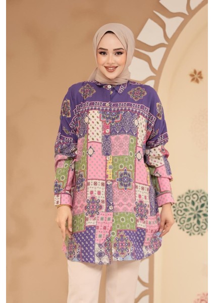 Desenli Koyu Lila Tesettür Tunik 20412KLILA