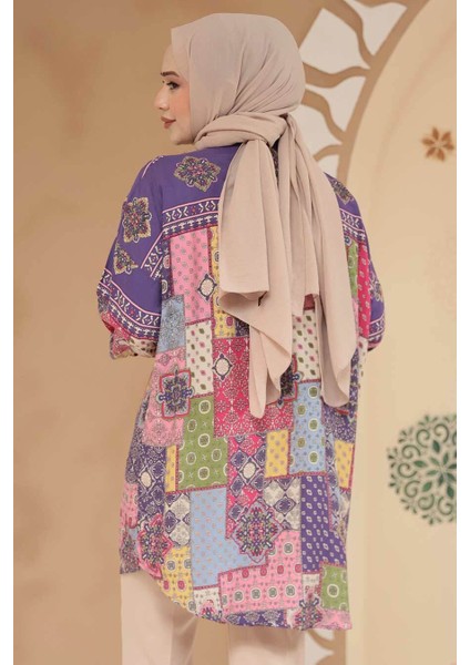 Desenli Koyu Lila Tesettür Tunik 20412KLILA