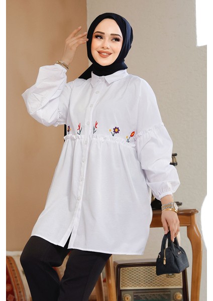 Nakış Desenli Beyaz Tesettür Tunik 40603B