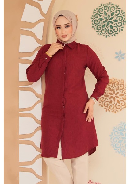 Düğmeli Bordo Tesettür Tunik 11734BR