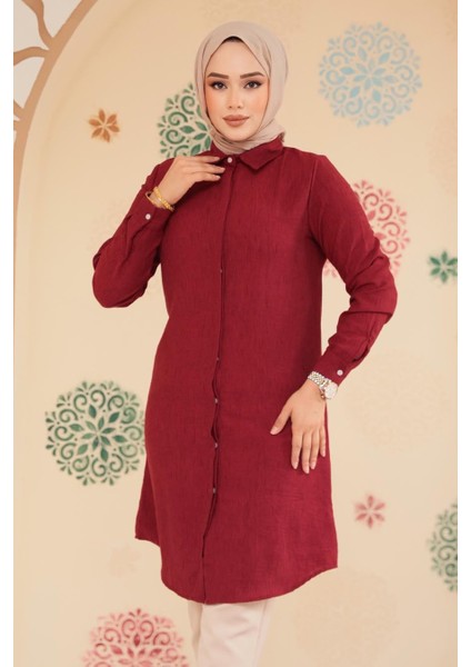Düğmeli Bordo Tesettür Tunik 11734BR