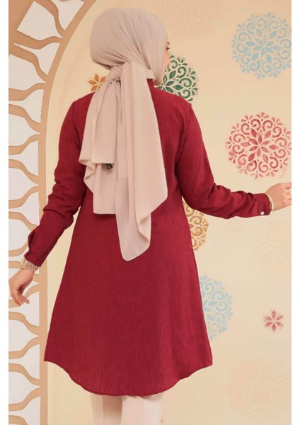 Düğmeli Bordo Tesettür Tunik 11734BR