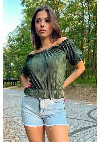 Dipmoda Kadın Haki Yeni Sezon Carmen Yaka Fitilli Bluz DP10048