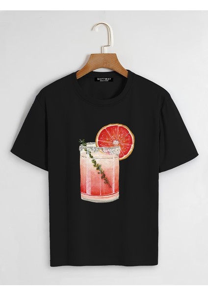 Unisex Oversize Bisiklet Yaka Orange Cocktail Baskılı Basic T-Shirt - Siyah